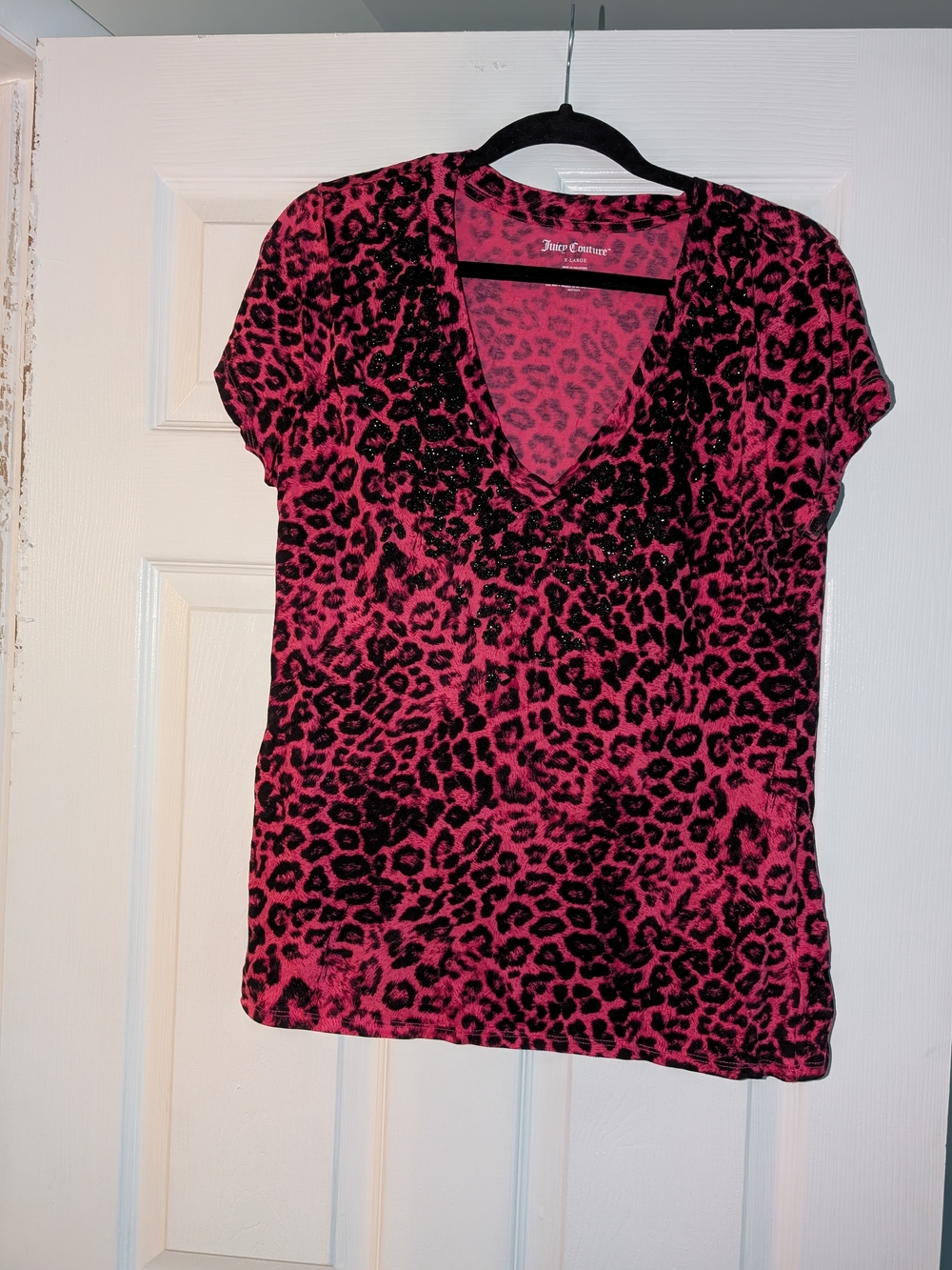 Juicy Couture Pink Leopard V-Neck Tee With Glitter Collar